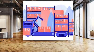 Storehouse automatic packages loading technology. Warehousing robotization, warehouse robotics engineering, self-driving forklifts concept. Pinkish coral bluevector isolated illustration Wall mural