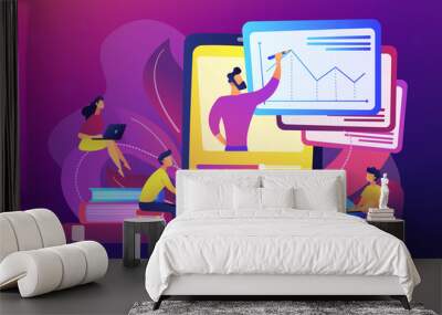 Students watching recorded lecture with professor talking from tablet. Podcast courses, audio and video recording, class recording access concept, violet palette. Vector illustration. Wall mural