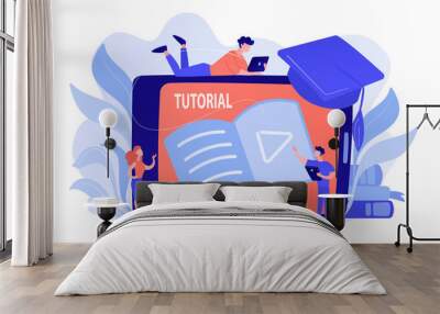 Students watching video tutorial on tablet with player sign. Online education, web educational video, online courses and training, e-learning concept. Vector isolated illustration. Wall mural