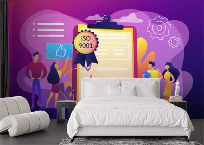 Tiny business people like standard for quality control. Standard for quality control, ISO 9001 standard, international certification concept. Bright vibrant violet vector isolated illustration Wall mural