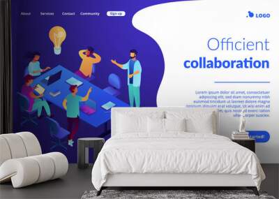 Tiny business people team at table brainstorming, sharing ideas. Productive team communication, efficient collaboration, open space office concept. Isometric 3D website app landing web page template Wall mural