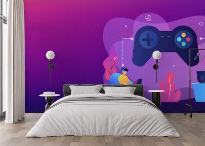 Tiny people gamers playing online video game, huge joystick and clock. Gaming disorder, video gaming addiction, decreased attention span concept. Header or footer banner template with copy space. Wall mural