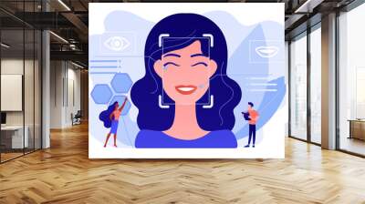 Tiny people scientists identify womans emotions from voice and face. Emotion detection, emotional state recognizing, emo sensor technology concept. Pinkish coral bluevector isolated illustration Wall mural