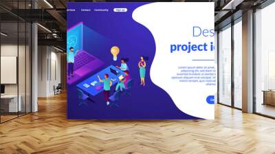 Tiny people team of designers at table brainstorming and planning strategy. Design strategy, design plan development, design project idea concept. Isometric 3D website app landing web page template Wall mural