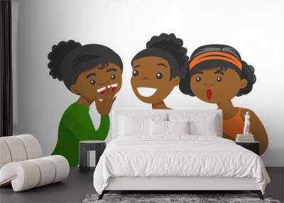 Young african-american woman shielding her mouth and whispering a gossip to her friends. Three women discussing gossips. Vector cartoon illustration isolated on white background. Horizontal layout. Wall mural