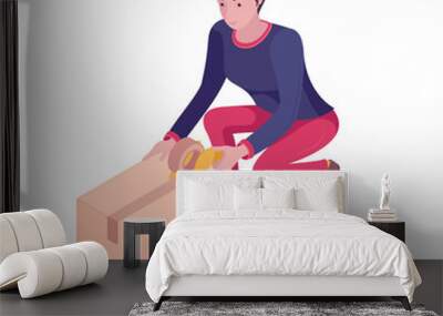 Young caucasian white woman moving to a new house and packing cardboard box. Girl taping up a cardboard box with adhesive tape. Vector cartoon isometric illustration isolated on white background. Wall mural