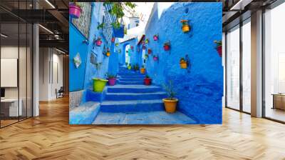 famous blue city chefchauen at morocco. colorful flowerpots on the blue wall of old building. travel Wall mural