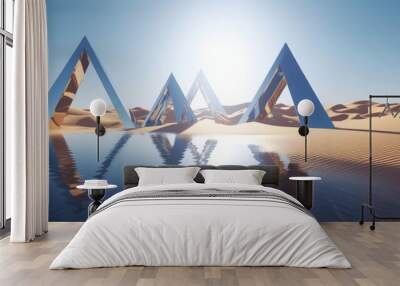 3d render, abstract fantastic background. Desert landscape with sand water and glossy metallic triangles under the clear blue sky, Generative AI Wall mural