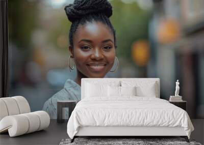 Black woman, coffee break and corporate employee with tablet outside the office, working in a city and career marketer. technology, African American professional and a businesswoman, Generative AI Wall mural