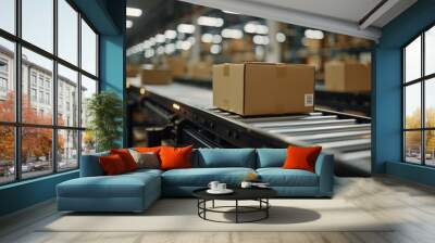 Closeup of multiple cardboard box packages seamlessly moving along a conveyor belt in a warehouse fulfillment center, a snapshot of e-commerce, delivery, automation and, Generative AI Wall mural