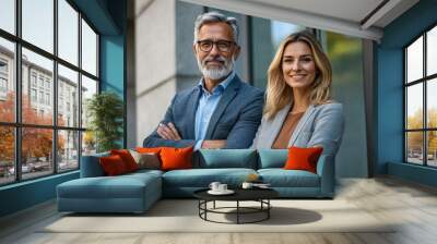 Corporate portrait of two smiling office employees outdoors. Middle aged business man and woman posing with crossed arms near to office building. Business and corporate team, Generative AI Wall mural