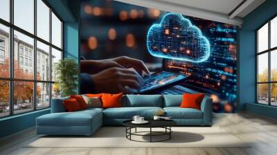 Digital technology, data exchange, cloud computing, global business concept. Businessman working on laptop and digital tablet with internet network, futuristic, Generative AI Wall mural