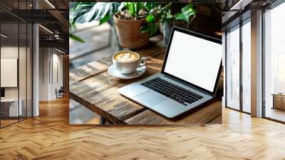 Mockup, laptop blank screen on wood table with coffee cafe background, template for your text advertisement, Generative AI Wall mural