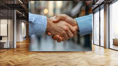 Portrait closeup of two professional businessmen partners shaking hands outside job center during working meeting, Generative AI Wall mural