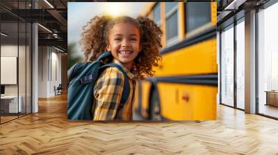 Smiling elementary student girl smiling and ready to board school bus, Generative AI Wall mural