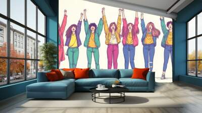 Group of friends stands with raised arms. Colour line drawing  illustration, Generative AI Wall mural