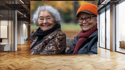 Two elderly women sitting on bench in park smiling happy life long friends enjoying retirement, Generative AI Wall mural