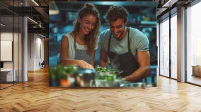 Man and woman cooking dish near coworker, Generative AI Wall mural