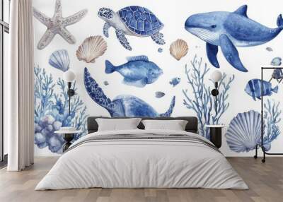 Set of sea animals. Blue watercolor ocean fish, turtle, sea horse whale and coral. Shell aquarium background. Nautical marine hand painted, Generative AI Wall mural