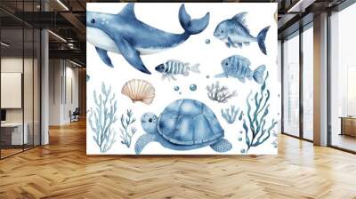 Set of sea animals. Blue watercolor ocean fish, turtle, sea horse whale and coral. Shell aquarium background. Nautical marine hand painted, Generative AI Wall mural