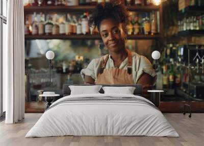 Satisfied black woman in apron standing with crossed arms on chest on background of bar counter. Confident small business in service sector ready for accepting clients in beginning of, Generative AI Wall mural