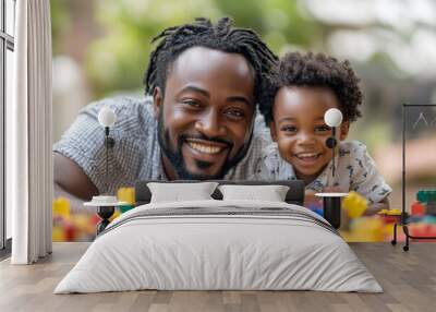 Happy african dad and child son building constructor from blocks, Generative AI Wall mural