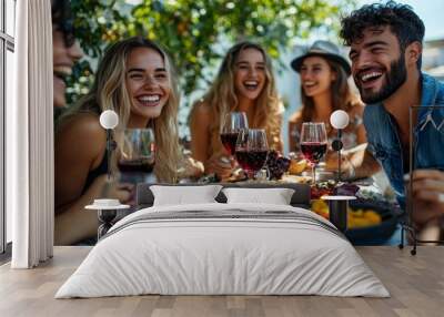 Laughing group of diverse young friends enjoying lunch together outdoors. Cheerful people gathered drinking red wine and eating snack on summer day having fun celebrating a birthday, Generative AI Wall mural