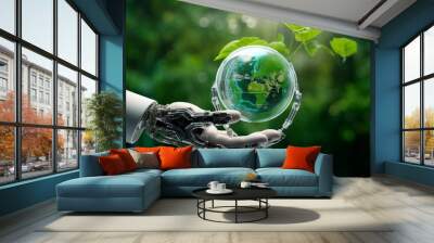 Sustainable development goal (SDGs) concept. Robot hand holding small plants with Environment icon. Green technology and Environmental technology. Artificial Intelligence and Technology, Generative AI Wall mural