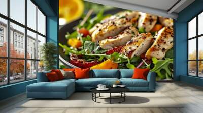 Delicious and healthy chicken salad with roasted veggies and greens, Generative AI Wall mural