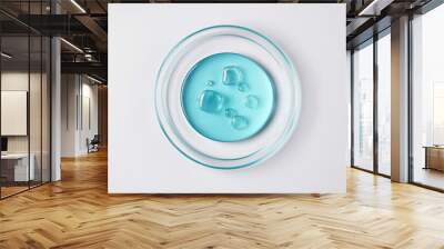 Laboratory glass petri dish with drop of water, serum, oil, beauty product. Natural medicine, cosmetic research, bio science. Concept of skincare and analysis. Dermatology. Generative AI Wall mural