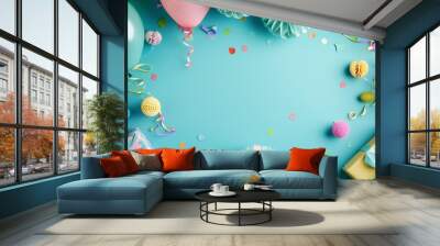 photo of colorful birthday decor with balloons, presents and party items on a blue background Wall mural