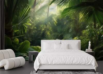 beautiful tropical vegetation garden with palm leaves, lush foliage in a green wild jungle, rain for Wall mural