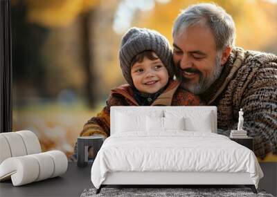 Happy senior father with his young son with Down syndrome embracing and sitting in park, Generative AI Wall mural