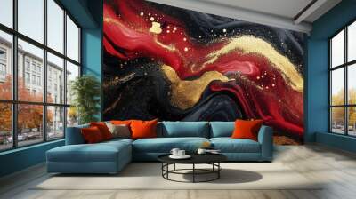 Ink mix. Glitter liquid blend. Blur red gold black color shiny particles marble texture paint emulsion mix flow abstract art background, Generative AI Wall mural