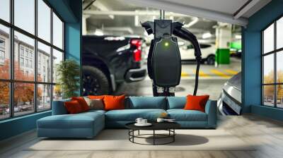 modern ev charging station with cable and plug connected at condo building underground parking lot.  Wall mural