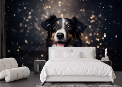 Happy Border Collie dog wearing black tie for New Years on festive background, bokeh Wall mural