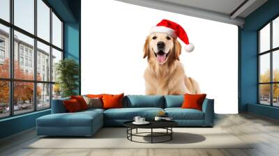 Happy smiling Golden Retriever dog wearing Christmas Santa hat, isolated on white transparent background Wall mural