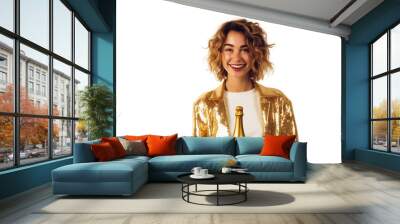 Young smiling woman with champagne bottle in hand, transparent background Wall mural