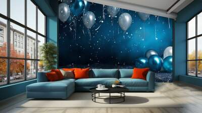 Blue and silver balloons on a dark background Wall mural