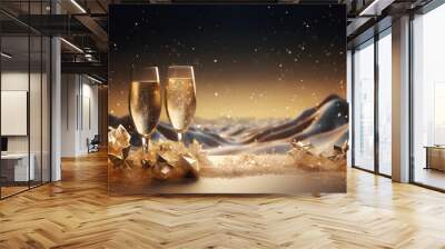 champaign glasses holiday gold snowflakes sparkling night with mountains in the background, elegant and luxurious style, new year Wall mural