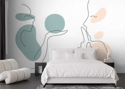 Artistic simple portrait silhouette of girls whispering and showing something virtual with hands. Drawn by hand with contour and amorphous beige spots on the background. Natural and abstract concept. Wall mural