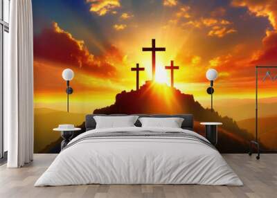 mount Golgotha and three crosses Wall mural