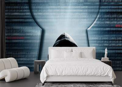 mysterious hooded man with code and a keyhole, hacker and cybercrime concept Wall mural