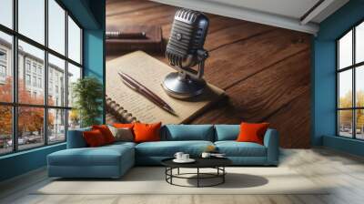 podcast concept about writing, microphone, pen, paper, typewriter, photo realistic illustration Wall mural