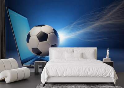 soccer ball coming out of a laptop screen, online broadcast of game concept, photo realistic illustration Wall mural