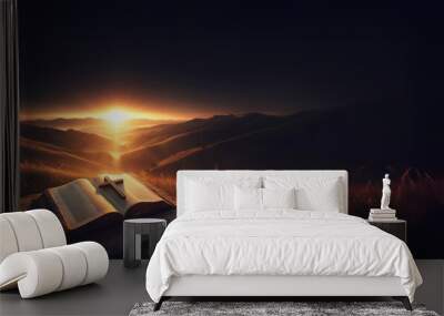 God met in the setting sun on the mountain _ Bible, cross, and light of the Holy Spirit _ Love of Jesus Wall mural