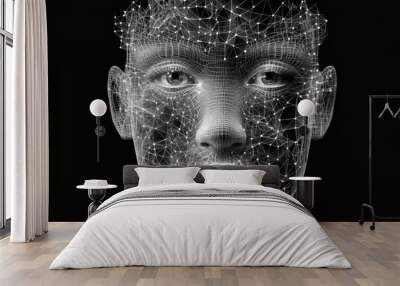 3D render of wireframe human face front view isolated on black background. Generative AI Wall mural