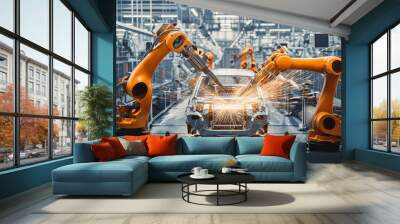 A cutting-edge robot factory is transforming the auto manufacturing process, integrating technology and innovation to produce top-notch vehicles for the market. Wall mural