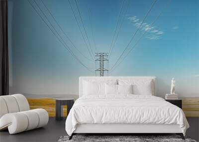 A high-voltage power line tower with thick cables stretching across a vast landscape under a clear blue sky. Wall mural