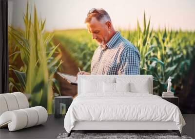 A modern farmer in a corn field using a digital tablet. Farming and agriculture concept. Wall mural